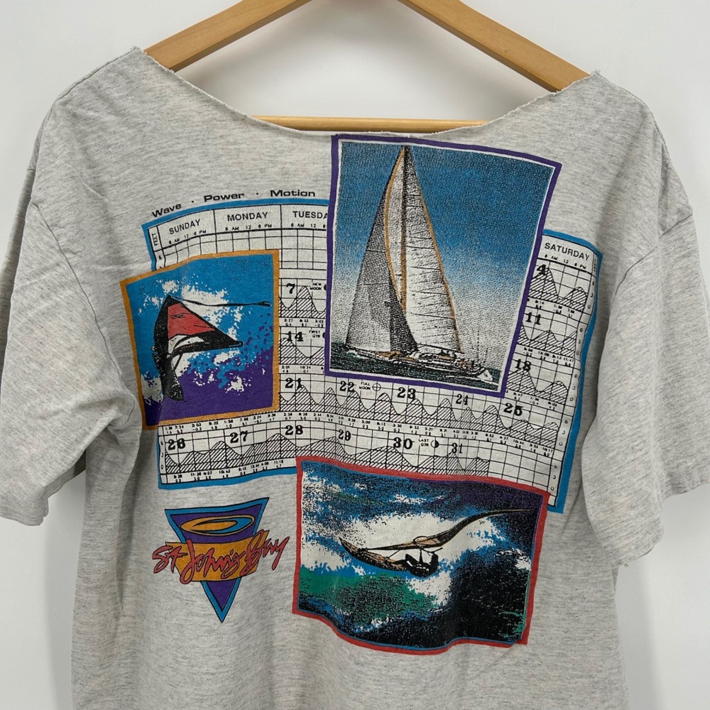 Vintage St Johns Bay 90s Surf Shirt Gray Off Shoulder Graphic Tee Medium
